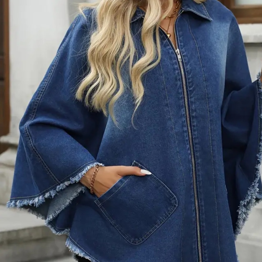 Oversized Denim Cape, Zipper Closure & Raw Hem, XL